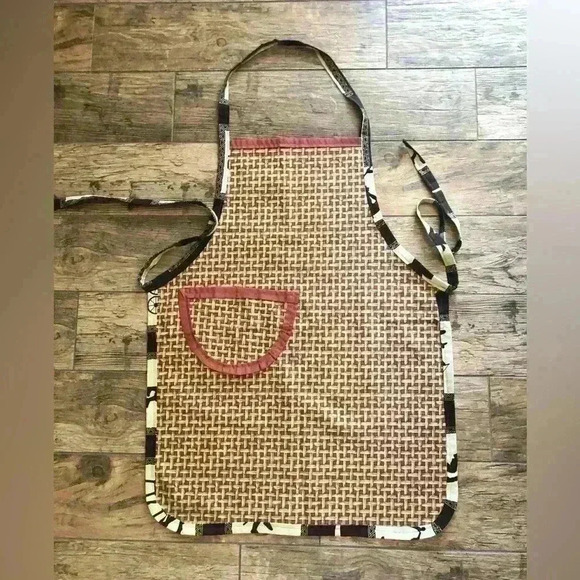 HANDMADE VTG UPHOLSTERY CANVAS FABRIC STANDARD SIZE WEAVED BROWN PRINT APRON - Picture 2 of 4